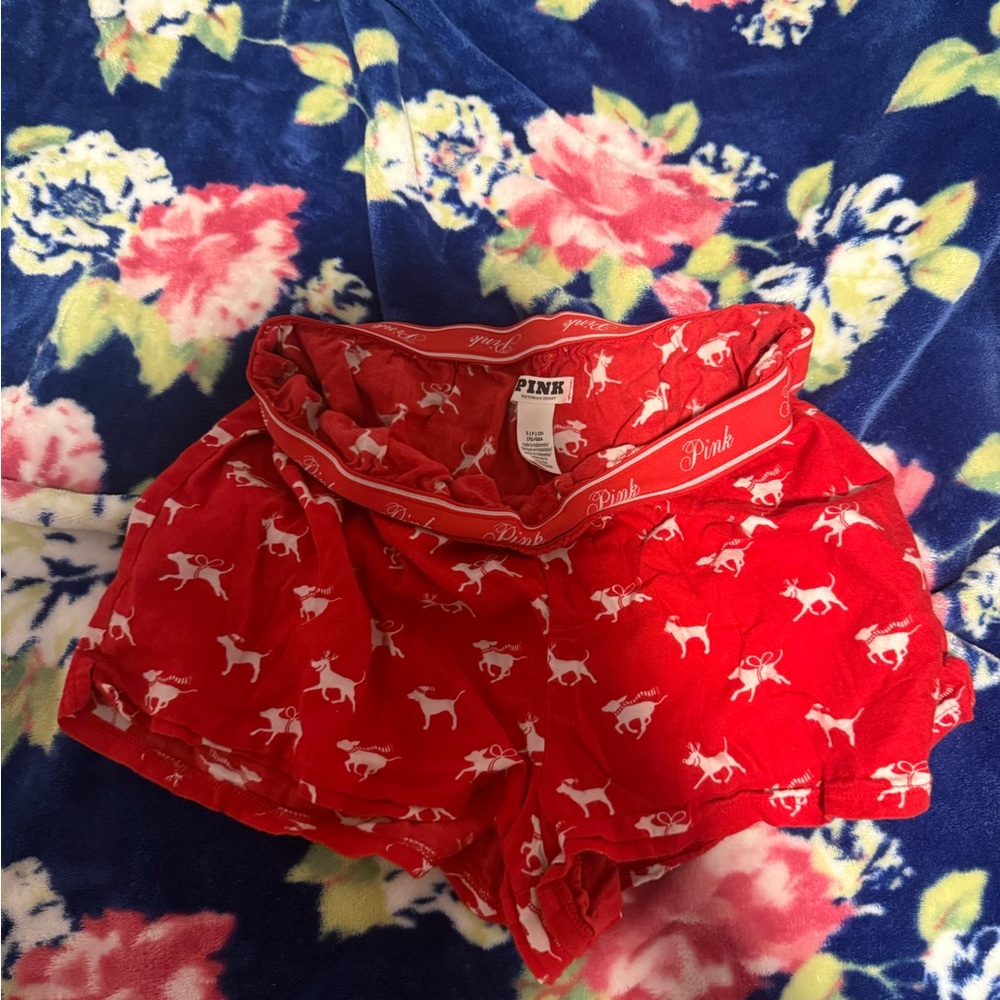 PINK Victoria's Secret Red Lounge Shorts with White Dog Print